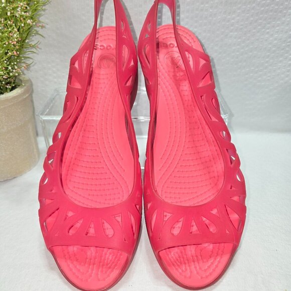 CROCS WOMENS BRIGHT PINK JELLY SLINGBACK WEDGE SANDALS SIZE 9 EUC - Picture 1 of 6